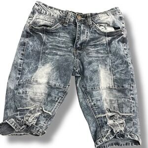 Encrypted‎ Mens Acid Wash Distressed Paneled Denim Shorts Blue Gray Size 30